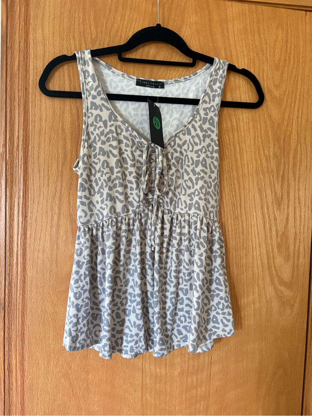 Final Touch Gray Leopard Tie-Front Peplum Tank